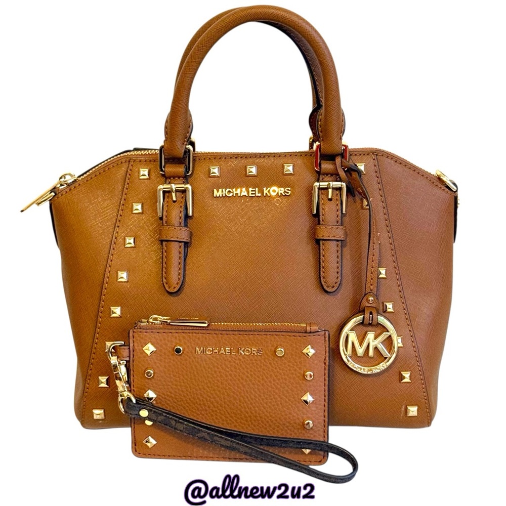 Michael Kors Ciara 2 Pc. Set Goldtone Studded Satchel Bag W / Wallet